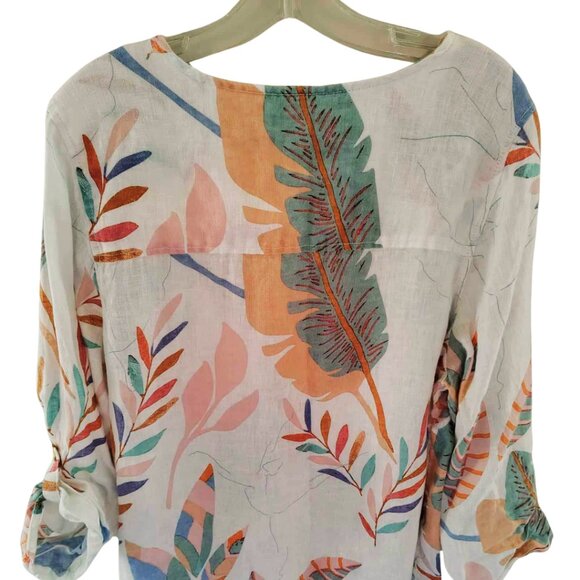 Flowy Lightweight Linen White Tropical Print Tunic Top Blouse | Cynthia Rowley - Picture 7 of 11